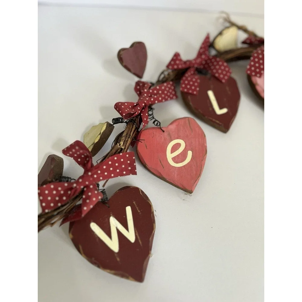 Vtg Hand Painted Heart wood hanging door decor WELCOME 80s 90s cottage valentine - Picture 4 of 5